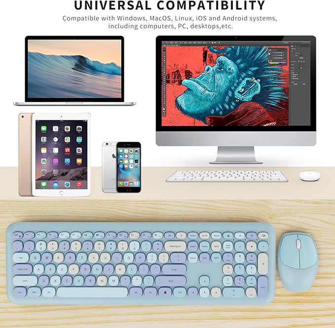 Wireless Keyboard and Mouse Combo, Colorful Ergonomic Full Size Retro Low-Noise Keyboard with Cute keycaps, Compatible with Windows, PC, Perfer for Home and Office Keyboards (Blue)