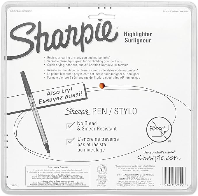 Sharpie Pocket Highlighters, Chisel Tip, Quick Dry, Assorted Fluorescent Colors, 12 Count - For Studying, Note-Taking, School, College, Office, Student & Teacher Supplies