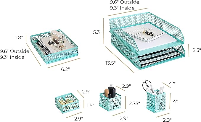 BLU MONACO Aqua Desk Organizer Set for Women – 6-Piece Interlocking Office Supplies Set, Pen Cup, 3 Accessory Trays & 2 Letter Trays, Rose Gold Paper Tray Holder
