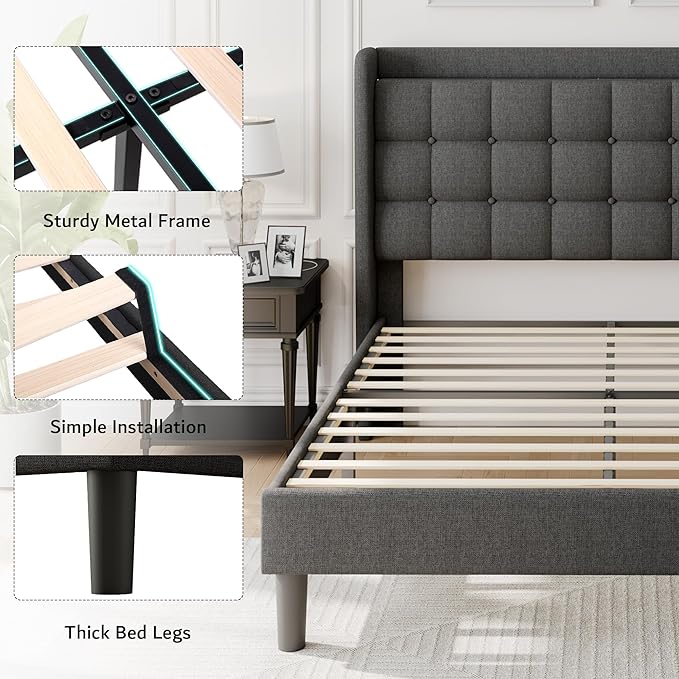 iPormis Full Size Upholstered Platform Bed, Button Tufted Wingback Bed Frame with Charging & Storage Headboard, No Box Spring Needed, Dark Gray