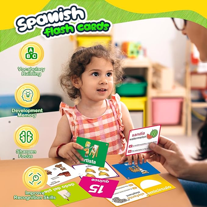 Spanish Flash Cards Toddler Bilingual Baby Cognitive Flashcards, Alphabet, Animals, Numbers, Shapes Colors, First Words, Body Parts,Emotions,Educational Toys Kindergarten Learning Activities