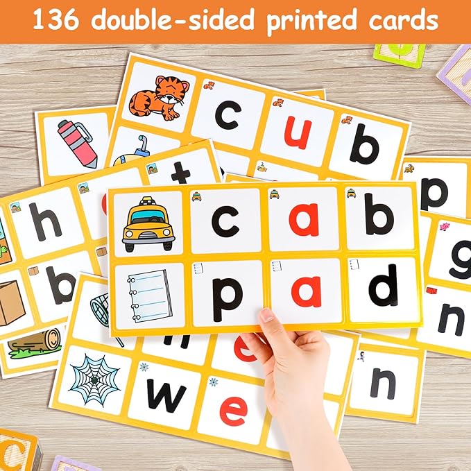 ABCxGOOD CVC Word Building Pocket Charts with 64 Phonics Flash Cards Kindergarten Classroom Must Haves, CVC Literacy Games for Beginners in Reading and Spelling.