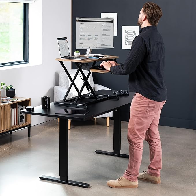 VIVO 32 inch Desk Converter, K Series, Height Adjustable Sit to Stand Riser, Dual Monitor and Laptop Workstation with Wide Keyboard Tray, Reclaimed Wood Top, Black Frame, DESK-V000KP