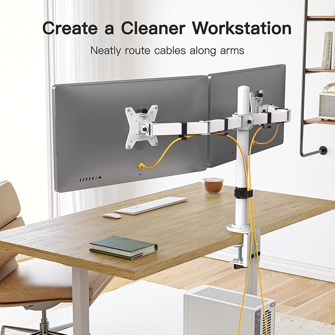 ErGear Dual Monitor Desk Mount for 13″–34″ Monitors up to 26.5 lbs, Fully Adjustable Monitor Stand Holds 2 Computer Screens, Heavy-Duty Dual Monitor Arm with C-Clamp & Grommet Base, White, EGCM13W