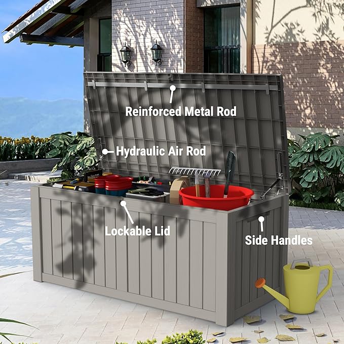 Mars Villa 119 Gallon Outdoor Storage Box Waterproof, Large Resin Deck Box for Pool Supplies Storage, Outdoor Patio Furniture Cushions, with Hydraulic Hinge, UV-Resistant and Weatherproof, Greige