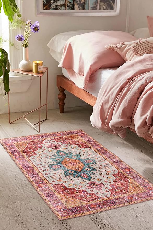 Moynesa Ultra-Thin Washable Pink Area Rug - 2x3 Small Pink Washable Bedroom Rug Entry Mat, Vintage Non-Slip Non-Shedding Low Pile Indoor Throw Carpet for Laundry Living Room Hardwood Floors Kitchen