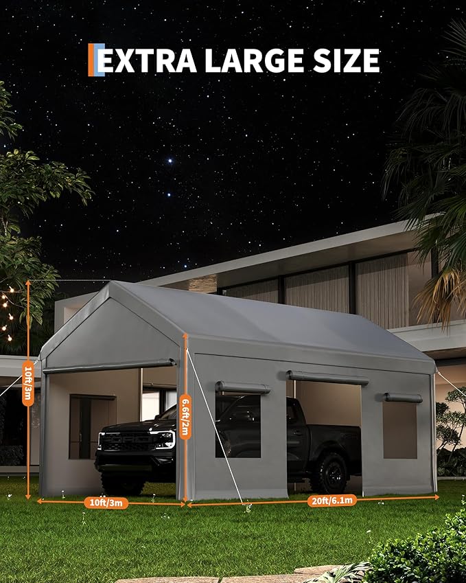 10 x 20FT Heavy Duty Carport with Roll-Up Windows, Portable Garage with Removable Sidewalls & Doors, Portable Car Tent Garage with Roll-Up Windows and All-Season Tarp, for Car, Truck,