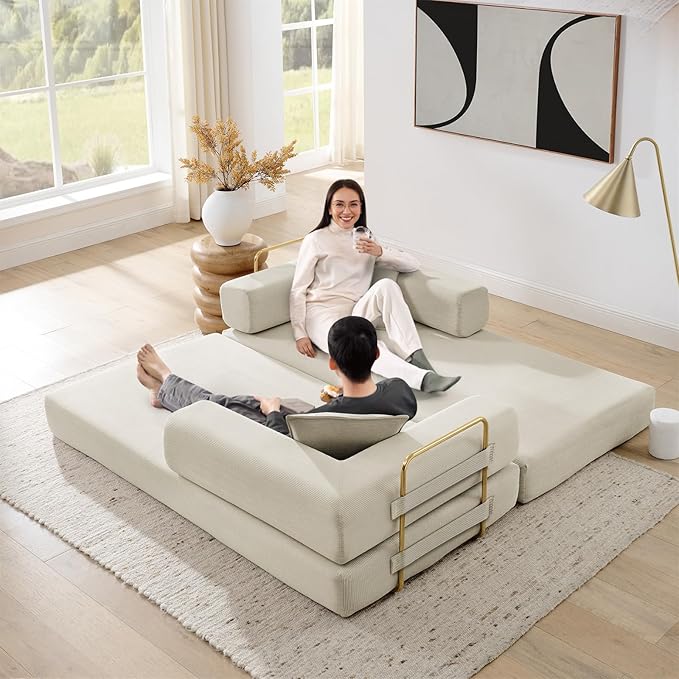 Antetek Convertible Futon Sofa Bed, 3-Seater Modern Corduroy Foam Floor King Size Bed Fold Out Sleeper Lounge Loveseat Sofa Couch with 2 Throw Pillows for Living Room Bedroom Guest Room, Beige