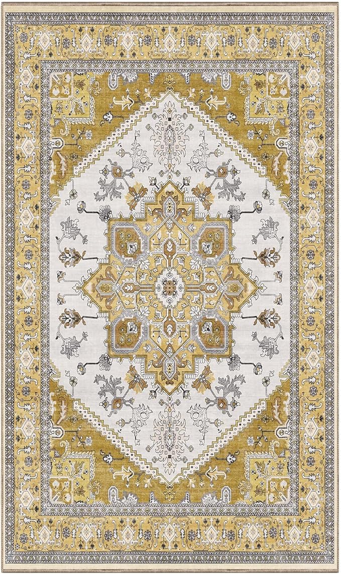 OPPODREAM Thin Area Rugs 3x5, Washable Rugs with Non Slip Backing, Low-Pile Throw 3x5 Carpet, Faux Cashmere 3 x 5 Carpet, Yellow