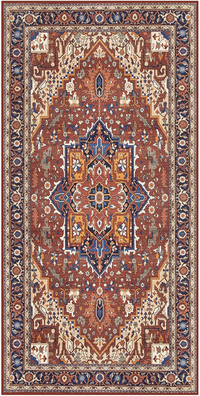 Moynesa Ultra-Thin Washable Kitchen Rugs, 2x4 Small Entryway Rug Door Mat Non Slip Stain Resistant, Oriental Throw Rug for Front Indoor Entrance Bathroom Laundry Room, Brown/Multi