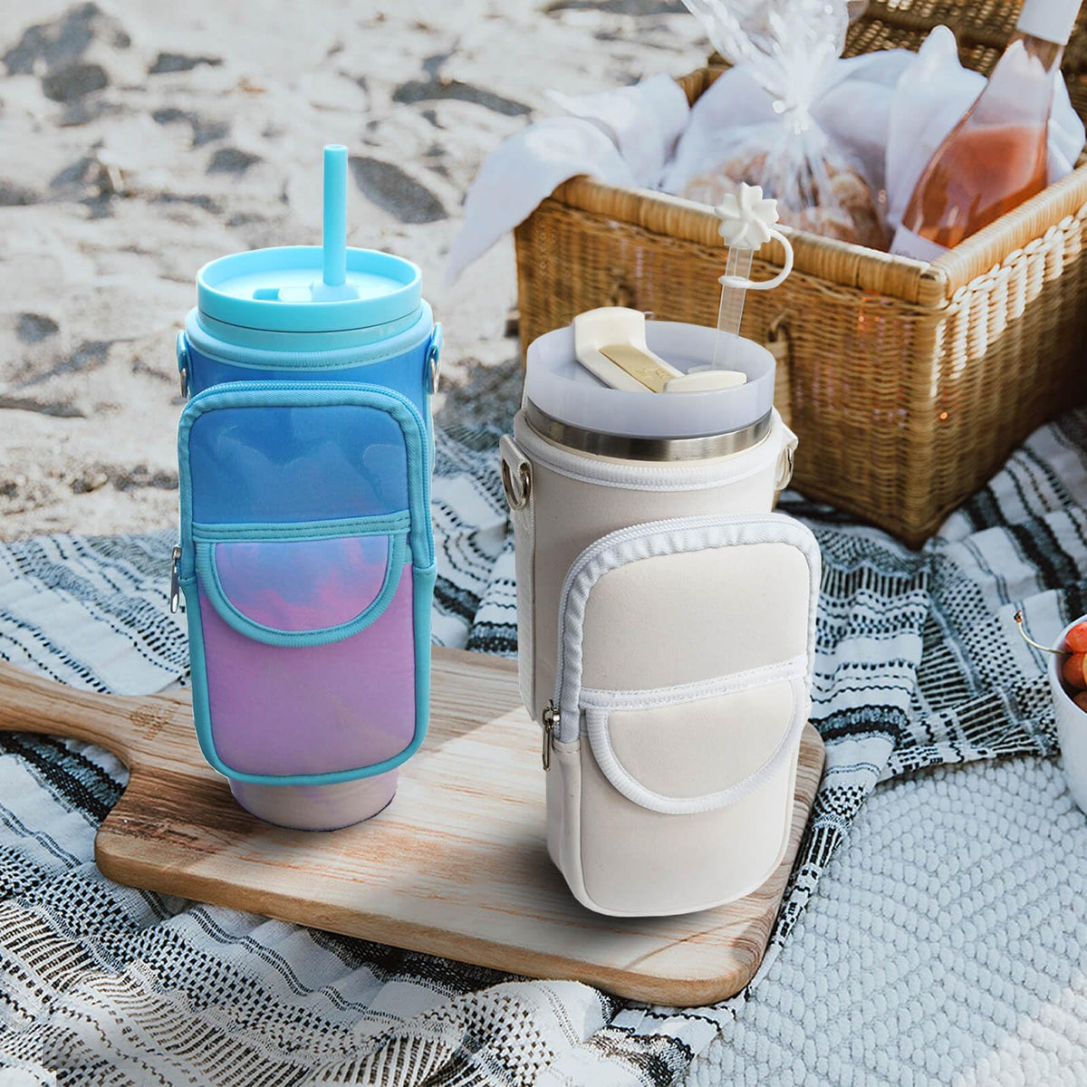 BOCMTR Water Bottle Holder with Strap for Stanley 30/40 oz Tumbler, Fashion Stanley Cup Bag with Big Phone Pocket, Silicone Boot, Straw Cover & Leak Proof Stoppers (Pink)