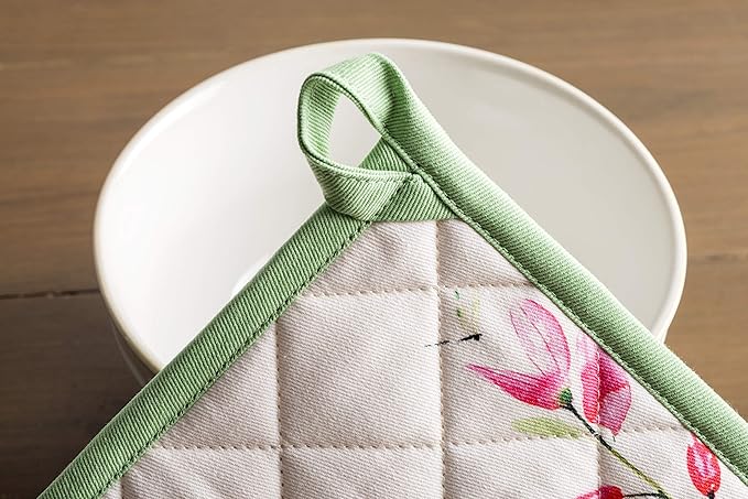 Maison d' Hermine Pot Holders 100% Cotton Heat Resistant Potholders 8" x 8" Hot Pads with Loop BBQ, Cooking, Baking, Grilling, Kitchen, Handling Hot Pans Spring/Summer (Pack of 1, Botanical Fresh)