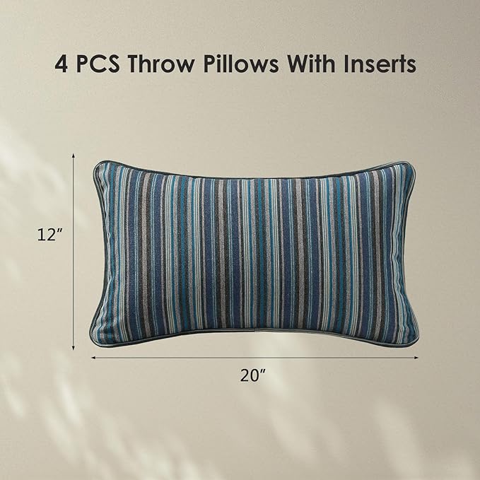 Sunbrella Decorative Outdoor Water Repellent Throw Pillows with Inserts, Set of 4, 20" x12" Pillows for Patio, Backyard, Bed, Couch, and Patio Furniture, Troupe Dock