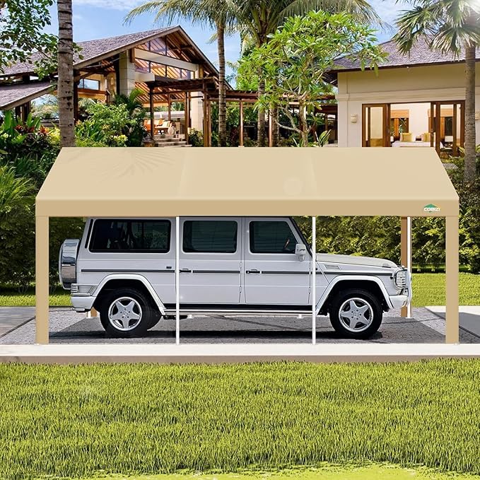 COBIZI Carport 12x20ft Heavy Duty Portable Garage, 2.0 Powder Coated Frame(Better Than Galvanized), Waterproof Shelter with Built-in Sandbags, for Car/Boat/SUV, Khaki