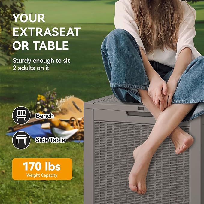 KAMABOKO 31 Gallon Outdoor Storage Box, Resin Deck Boxes Indoor and outdoor, Waterproof Storage Box Lockable Lid for Garden Tools, Package Delivery, Pool Supplies, Patio Cushions, Grey