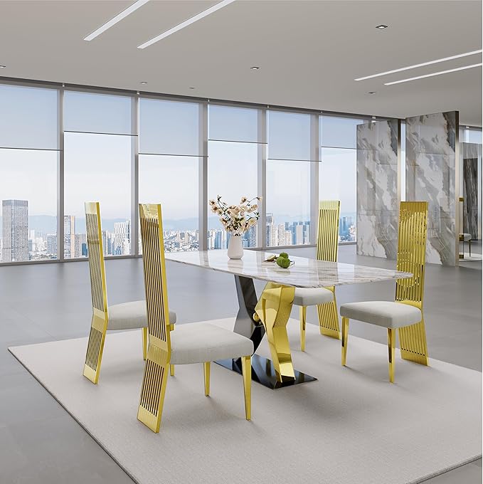 Modern Glod Dining Chairs Set of 2, Upholstered High Back Dining Chairs with Polished Stainless Steel Backrest and Legs, Luxury Dining Room Chairs for Kitchen Living Room Restaurant