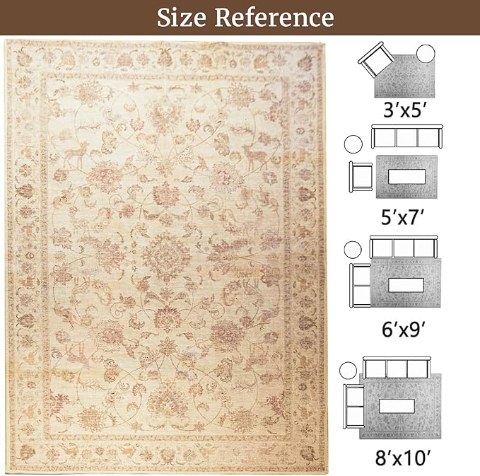 6x9 Soft Washable Area Rugs for Living Room and Bedroom, Non-Slip Stain Resistant Indoor Carpet, Cozy Floor Mat for Dining Room, Office, Under TableStain Resistant Persian Beige Floral