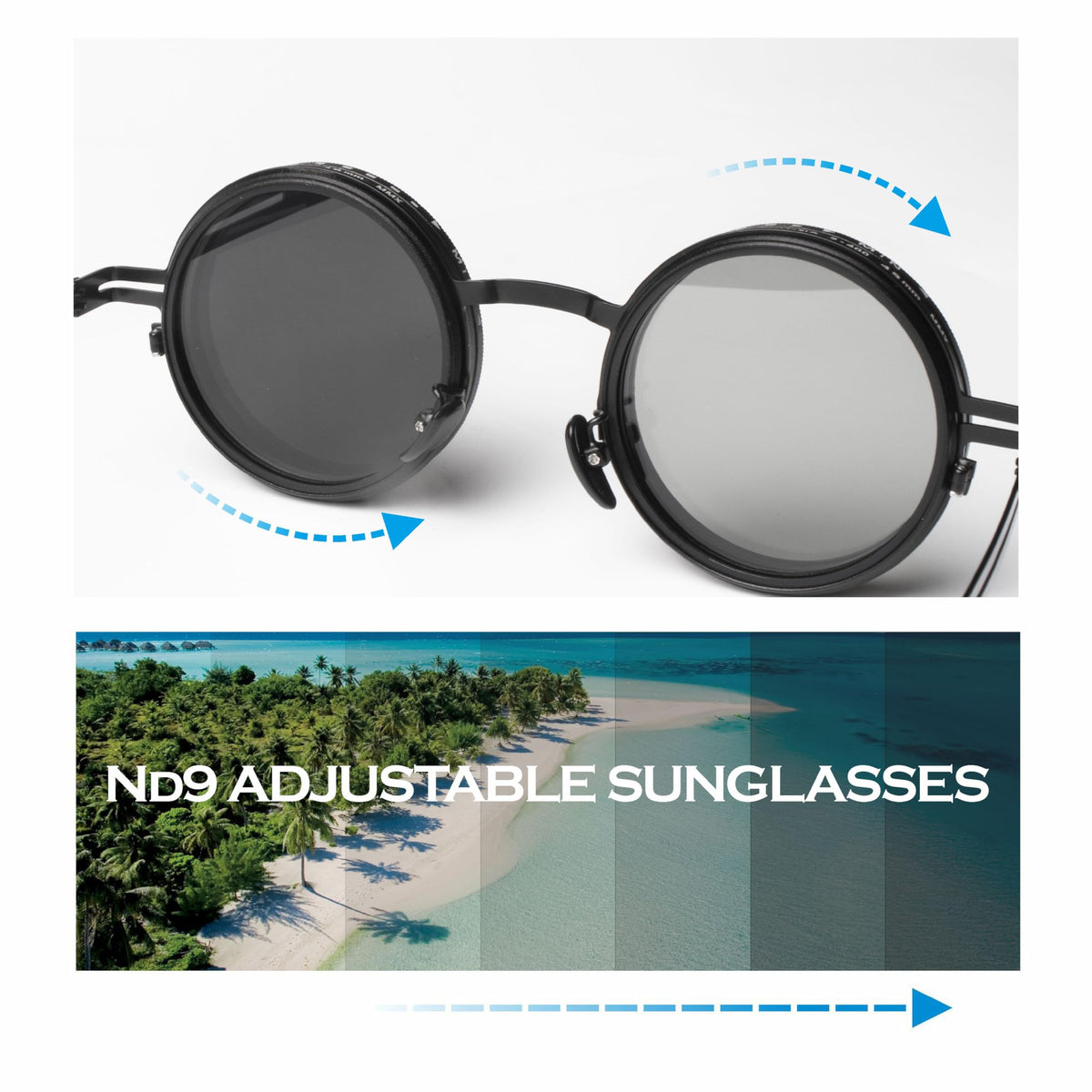 Adjustable Tint Sunglasses, 1-9 Gears Steampunk Retro Metal Round Polarized Glasses with ND Filter Lenses