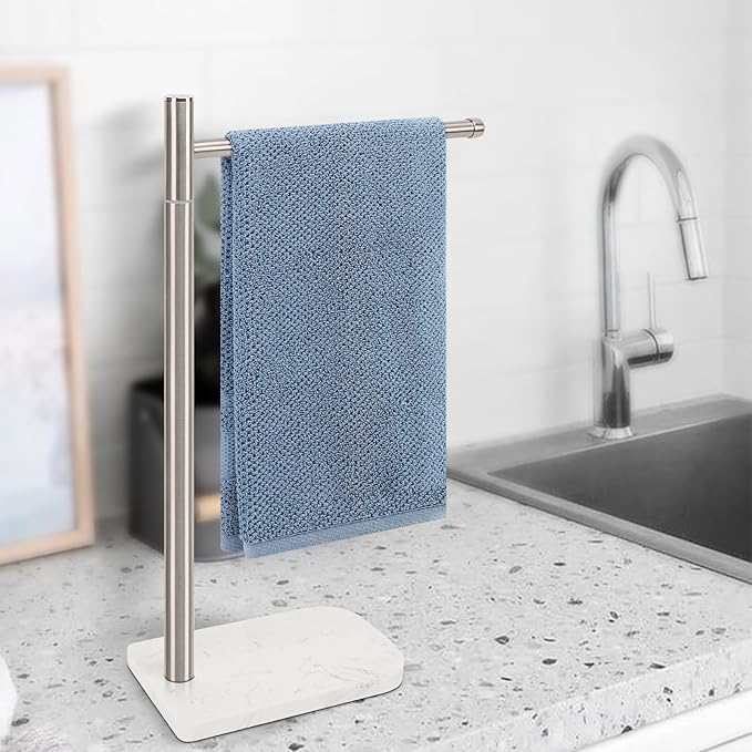 Hand Towel Holder, L-Shape Hand Towel Stand with Marble Base, Stainless Steel Swivel Hand Towel Rack Bar Standing for Bathroom Kitchen Countertop, 1 Arm (Brushed Nickel)