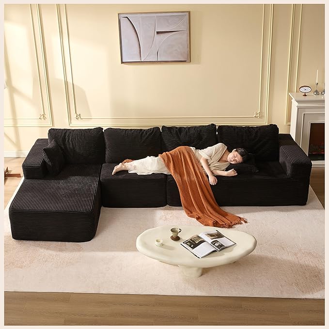 138" Boneless Couch with Deep Seat, Modular Sectional Sofa, Cloud Sectional Couch for Living Room, No Assembly Required, Corduroy, 4 Seater L-Shape Left, Black