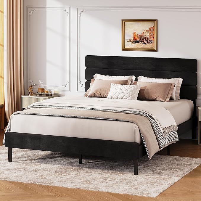 WLIVE Queen Size Upholstered Bed Frame, Velvet Square Tufted Headboard,Sturdy Metal & Wooden Slats Support, No Box Spring Needed, Black