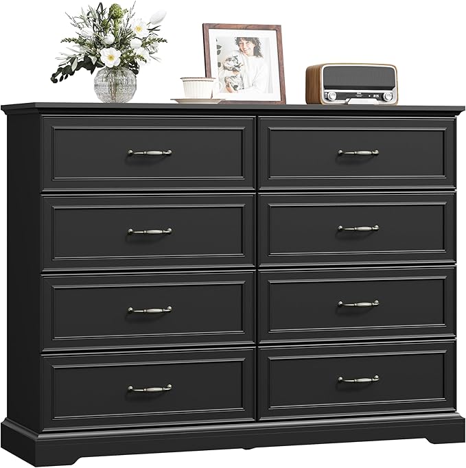 8 Drawer Dresser for Bedroom, 53" Wide Wooden Chest of Drawers, Rustic Farmhouse Dresser with Large Drawers & Metal Handles, Modern Storage Organizer for Closet, Living Room, Hallway, Black