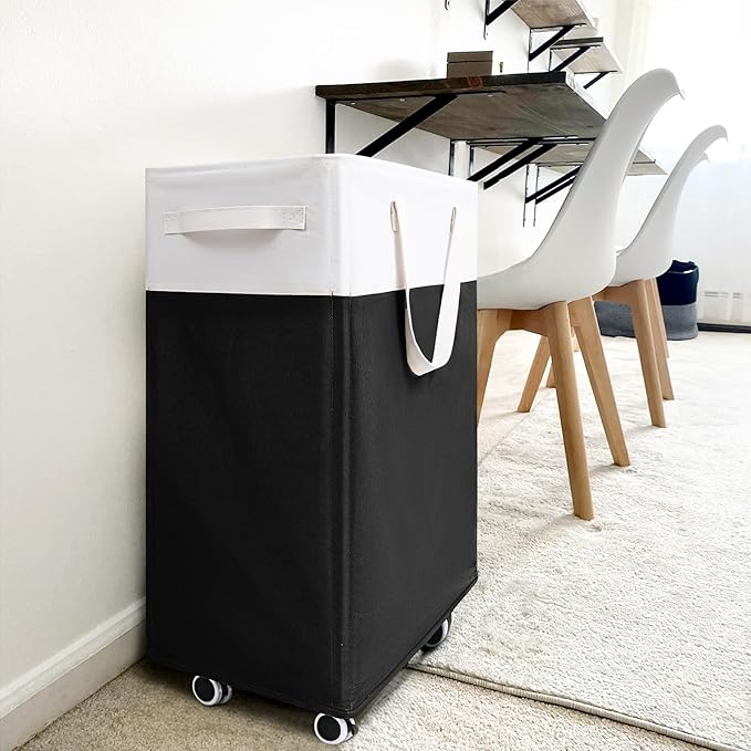 Goodpick Rolling Laundry Hamper with Wheels 75L, Black Laundry Hamper for Dirty Clothes, Collapsible Laundry Basket with Removable Wash, Black Laundry Basket with Wheels
