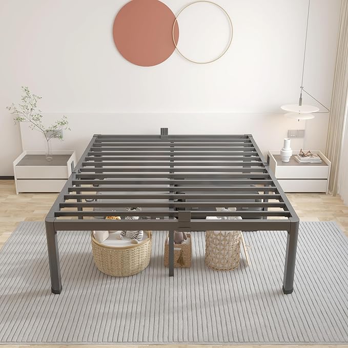 ROIL 16 Inch King Bed Frame with Rounded Corner and Headboard Hole Mattress Retainers 3500LBS Metal Heavy Duty Steel Slats No Box Spring Needed Platform Noise-Free Easy Assembly