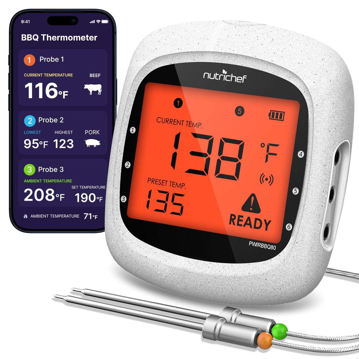 NutriChef Bluetooth Meat Thermometer for Grilling and Smoking, up to 6 Temperature Probes and Smart APP, 400 Ft Range, LCD