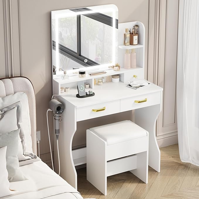 Whalefall Vanity Desk with Mirror and Lights, 31'' Wide Makeup Table with Power Outlets and Chair, 3 Lighting Modes & Adjustable Brightness, Storage Drawer & Open Shelves, for Women Girls Bedroom