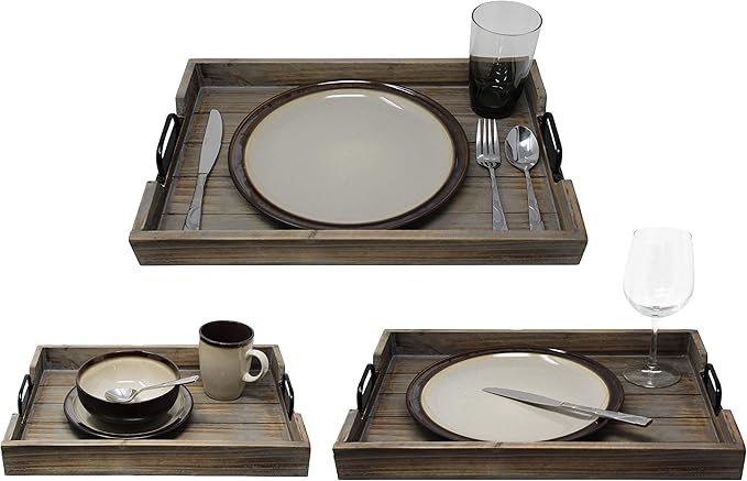 3 Piece Decorative Nested Vintage Wood Serving Tray Set for Coffee Table or Ottoman – Rustic Wooden Breakfast Trays for Kitchen, Dining Room, or Living Room – Farmhouse Platter w/Handles - Barnwood