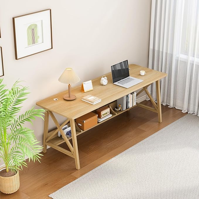 Extra Long Desk with Bookshelf - Wooden Home Office Work Study Table, Writing Computer Workstation with Storage Shelf in Oak, 55" Wx20 Dx30 H