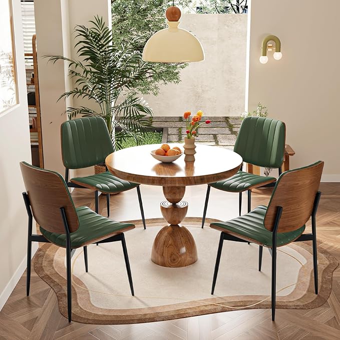 Modern Green Leather Dining Chair Set of 6, Bentwood Backrest & Black Metal Frame Ergonomic Comfort, Sustainable Style, Multi-Space Versatile, Green