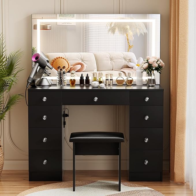 VOWNER Vanity with Lighted Mirror - Makeup Vanity Desk with Power Outlet and 9 Drawers, 3 Color Lighting Modes Adjustable Brightness, 43" Vanity Table with Soft Cushioned Stool for Bedroom, Black