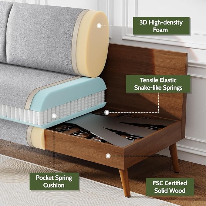 WEUP 68" Loveseat Sofa Light Grey Linen Couch, Mid Century Modern Love Seat Couches for Living Room, Small Loveseat for Bedroom Office, Comfy Sofa with Spring Cushion, Solid Wood, Tool-Free Assembly