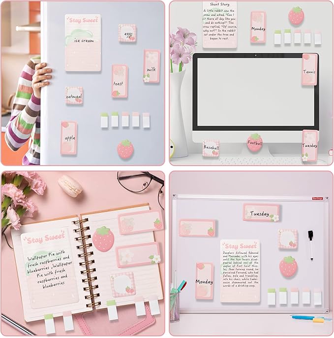 Xqumoi Life is Berry Sweet Sticky Notes Set, 550 Sheets, Strawberry Pattern Self-Stick Notes Pads Summer Fruit Divider Tabs Bundle Writing Memo Pads Back to School Office Supplies Small Gift