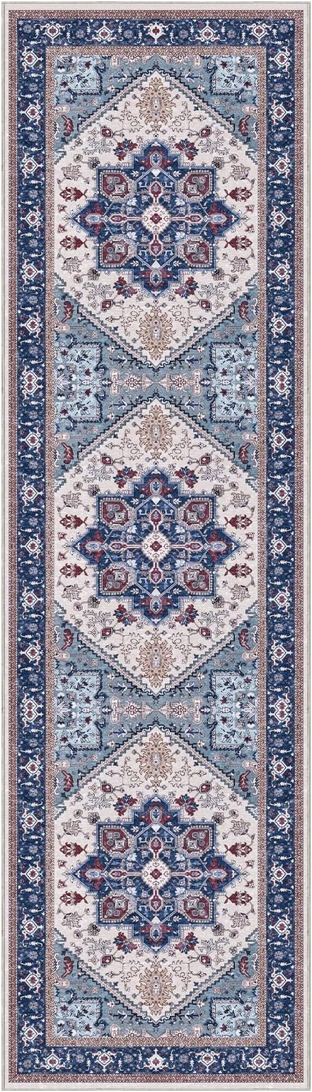 OPPODREAM Thin Entryway Rug 2x8, 2x8 Rug Runner, Washable Hallways Carpet 2 x 8 with Non Slip Backing, Low-Pile Bedside Carpet 2 x 8, Long, Faux Cashmere, Navy Blue & Red & Cream