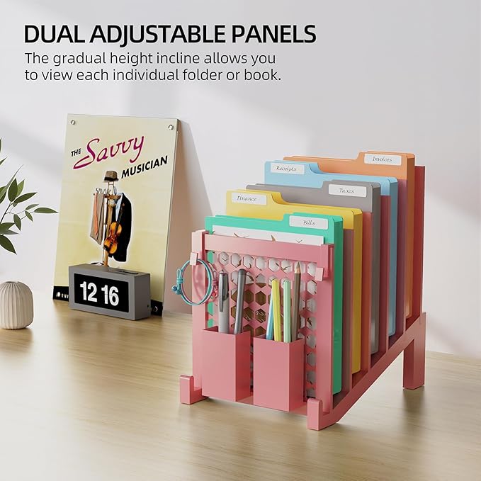 File Organizer for Desk with Storage Box & Hook, Inclined Desk File Organizer with 5-Section Vertical File Holder suitable for Home Office Document Organization (Pink-01)