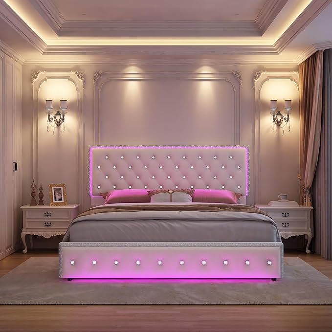 Full LED Bed Frame with 2 Drawers, Storage Platform Beds with Upholstered Crystal Button Tufted Headboard Footboard, 2 Side Pockets, No Box Spring Needed, Velvet Cream