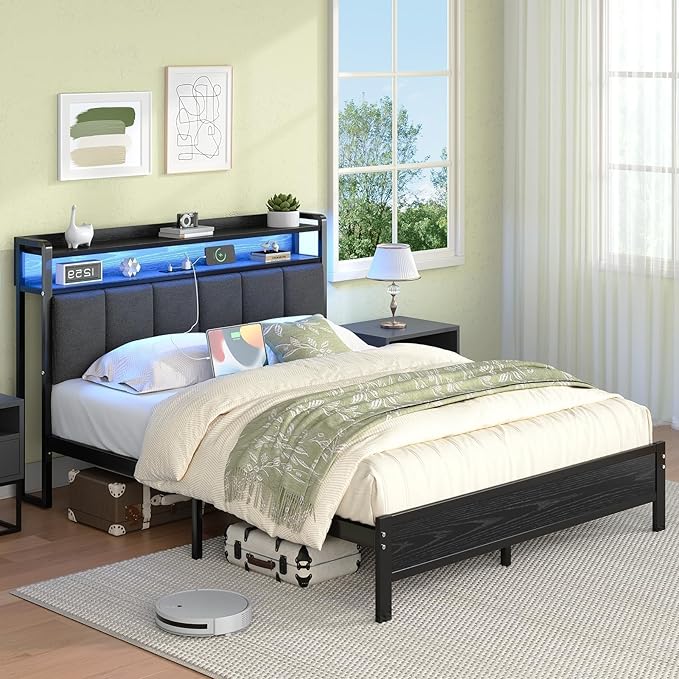 Queen Bed Frame with LED Lights and Charging Station, Metal Platform Bed Frame Queen Size with Upholstered Storage Headboard, Heavy Duty Metal Slats, No Box Spring Needed, Easy Assembly, Dark Grey