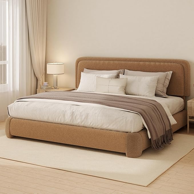 King Boucle Platform Bed Frame with Height Adjustable Headboard, Modern Upholstered Cloud Bed, Sleek Curved Design, No Box Spring Needed, Noise Free, Easy Assembly, Camel