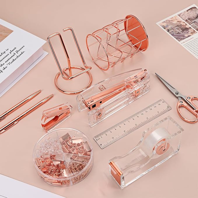 EOOUT Rose Gold Desk Accessories, Office Supplies and Accessories Set, Acrylic Stapler Set, Staple Remover, Phone Holder, Pen Holder, Scissor, Ruler, Transparent Tape
