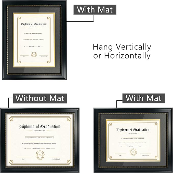 GraduatePro 8.5x11 Diploma Frame with Black Over Gold Mat or Display 11x14 Document Without Mat, CPA License Frame, UV Protection Acrylic, Black with Gold Beads