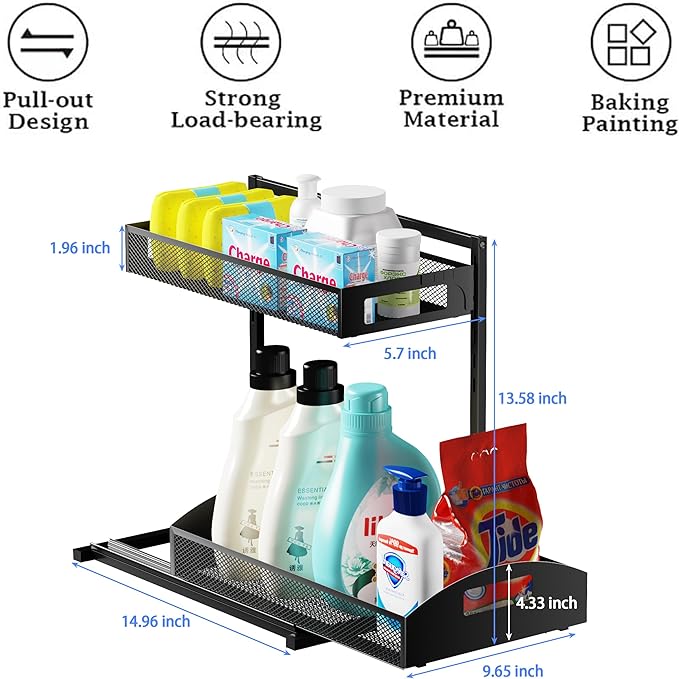 Under Sink Organizer,2 Pack Height Adjustable Under Sink Organizers and Storage, 2 Tier Under Sink Storage for Kitchen Bathroom Cabinet