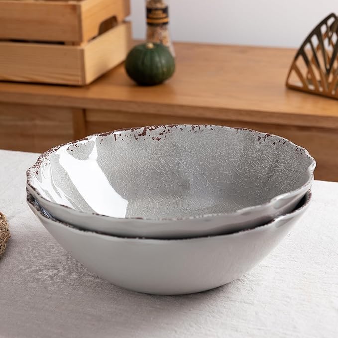 LEHAHA Farmhouse Melamine Pasta Bowl, 9.25 inch Large Salad Bowls, Set of 6, Unbreakable 100% Melamine Serving Bowls Set for Dinner, Wide and Shallow Bowls Set, Dishwasher Safe, Grey…