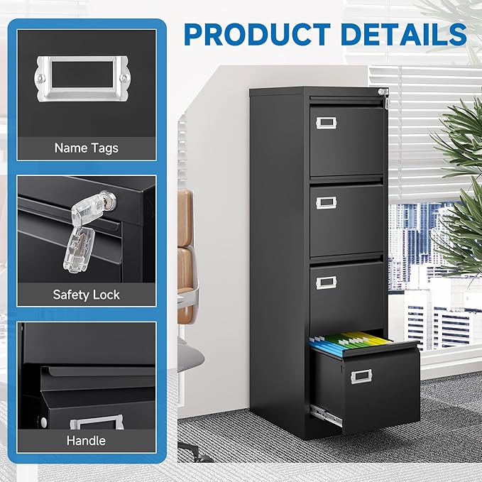 4 Drawer File Cabinet with Lock Metal Vertical File Cabinet Office Home Vertical File Cabinet for A4 Legal/Letter Size Narrow File Cabinet Locked,Assembly Required (Black, 4 Drawers- Vertical)