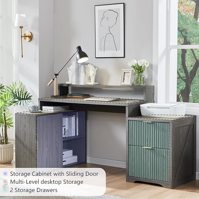 JXQTLINGMU 67" Modern L Shaped Desk with Storage Cabinet & Drawers, Wood Home Office Desk with Power Outlets, Fluted Computer Writing Desk, Grayish Green