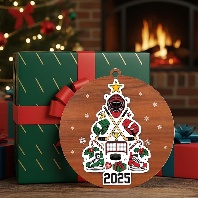 Ice Hockey Christmas Ornament 2025- Ice Hockey Gifts for Players, Family, Friends, Sport Lovers, Coaches - 2 Layer Wooden Hockey Ornaments for Christmas Tree - Sports Wood Hanging Decor Ornaments