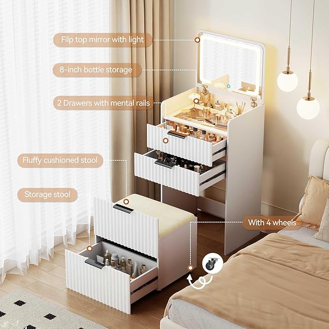 LED 3 in 1 Vanity Desk with Flip Top Mirror, Small Makeup Table with Glass Desktop, Compact Dressing Table with Storage and Cushioned Stool with Wheels, 3 Drawers, for Bedroom White