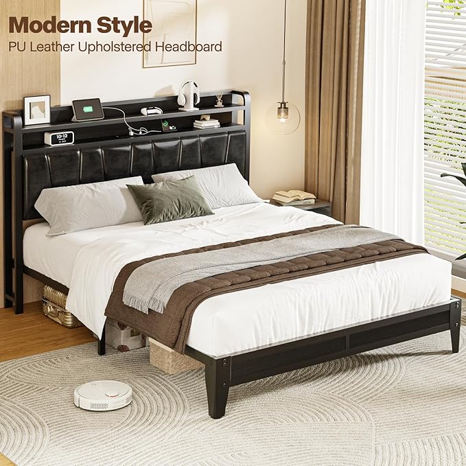 Queen Size Bed Frame with 2-Tier Storage Shelves, LED Bed Frame with PU Leather Headboard, Metal Platform Bed with Charging Station, Noise Free, No Box Spring Needed, Easy Assembly, Black
